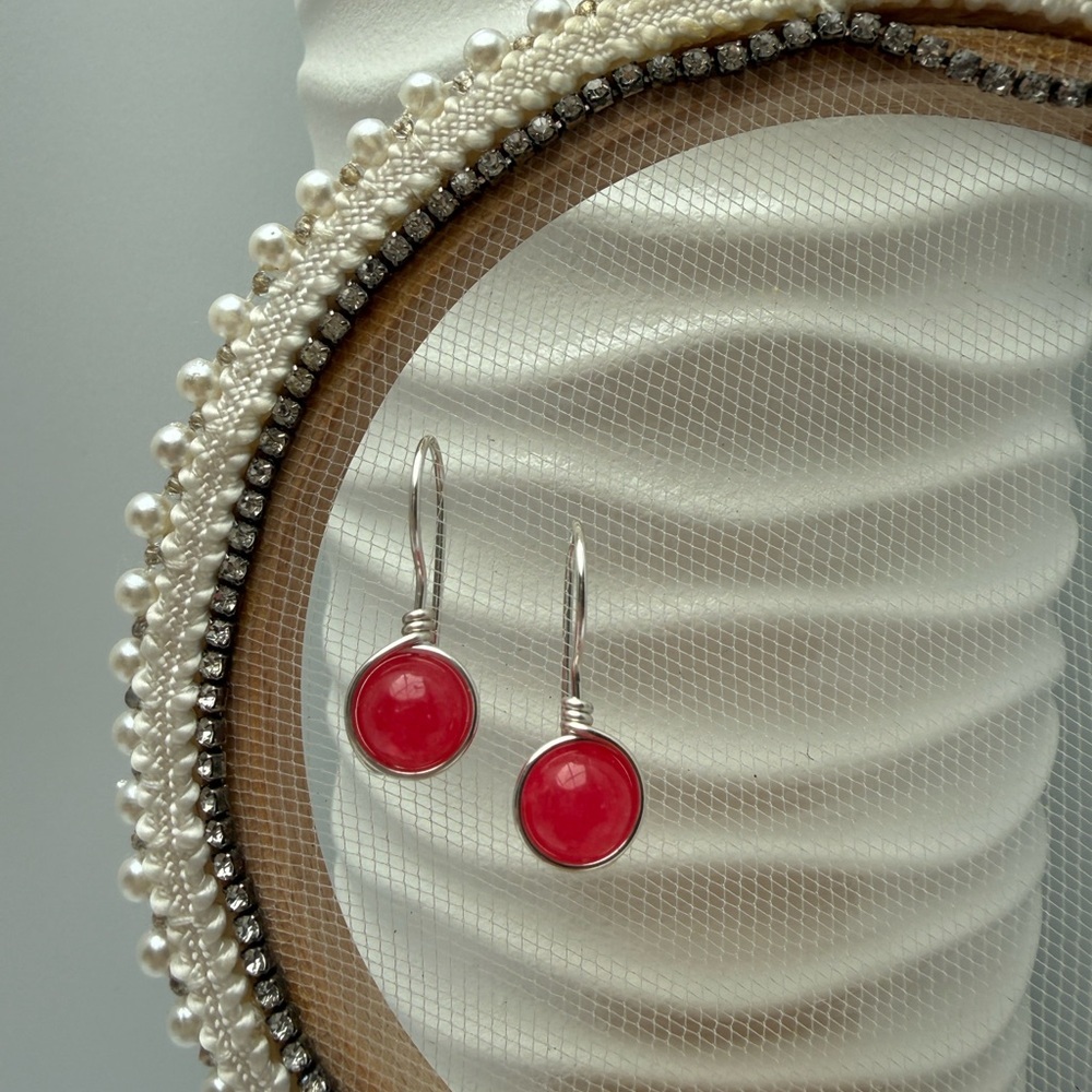 Berry Pink Jade Wire Wrapped Minimalist Silver Earrings - Picture 9 of 9